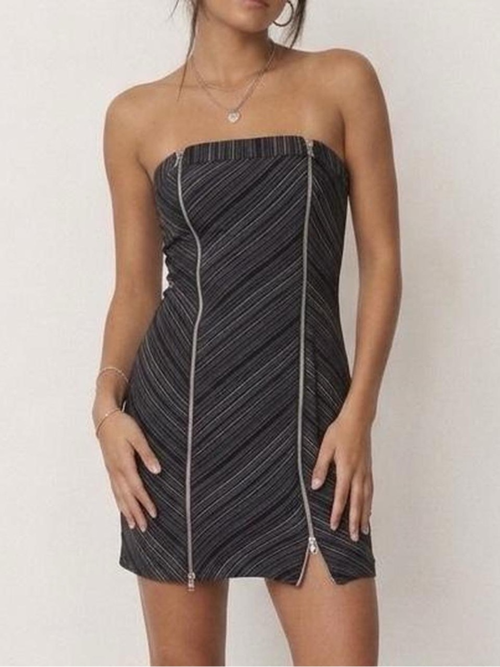 Y2K Le Château Black and Gray Pinstripe Mini Dress with Zippers Size XXS